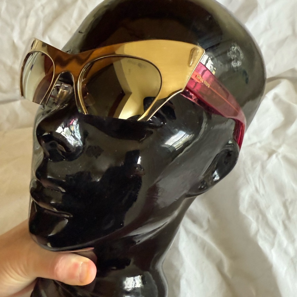 Miu Miu rasoir cat eye Gold Shield Sunglasses with Pink Temple Tips
